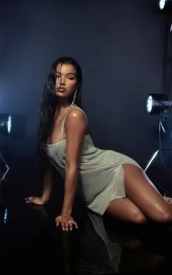 Premium Silver Diamante Strappy Bodycon Dress