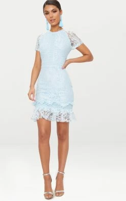Dusty Blue Frill Hem Lace Bodycon Dress