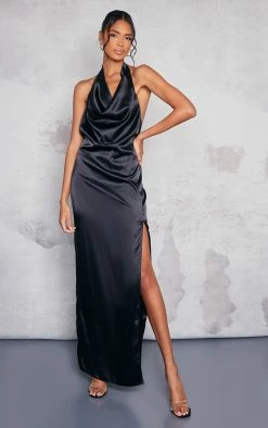 Black Cowl Neck Thigh Split Satin Maxi Dress
