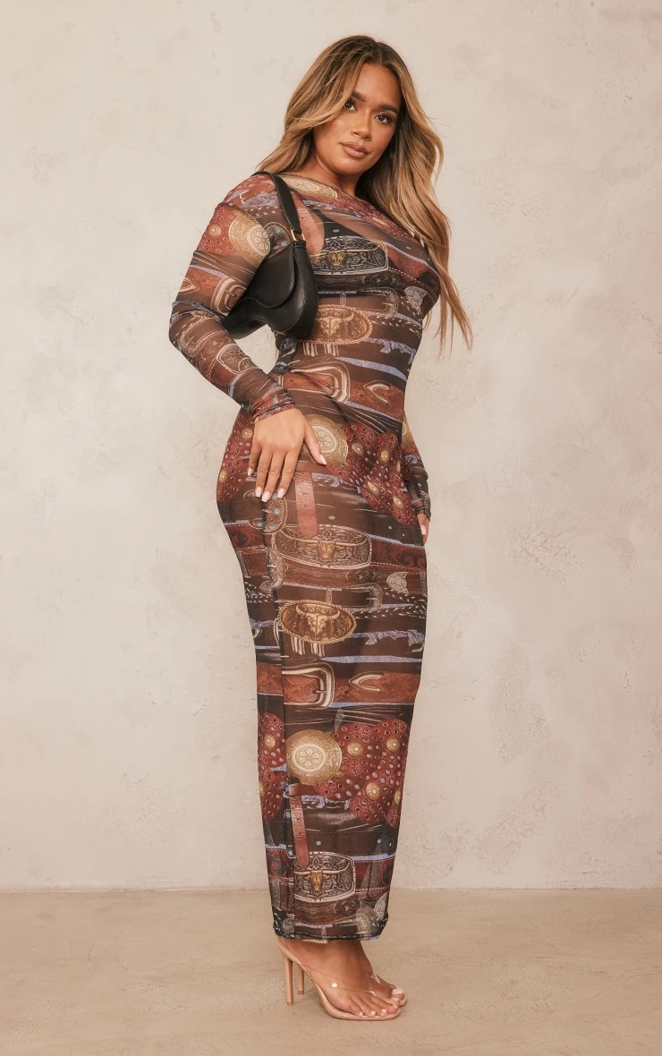 Shape Brown Denim Printed Mesh Long Sleeve Maxi Dress 5 Shape Brown Denim Printed Mesh Long Sleeve Maxi Dress - Image 3