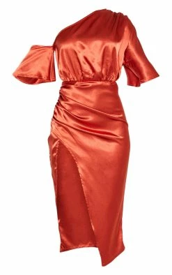 Rust Satin One Shoulder Ruched Skirt Midi Dress -US Dresses Sales Store ad710866389c6f1f08afc0b19b66f02178a0b2f5 CMF9062 3