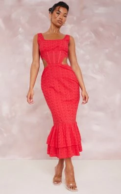 Red Broderie Anglaise Corset Detail Tiered Midaxi Dresss