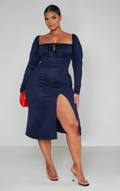 Plus Navy Puff Sleeve Tie Front Midi Dress