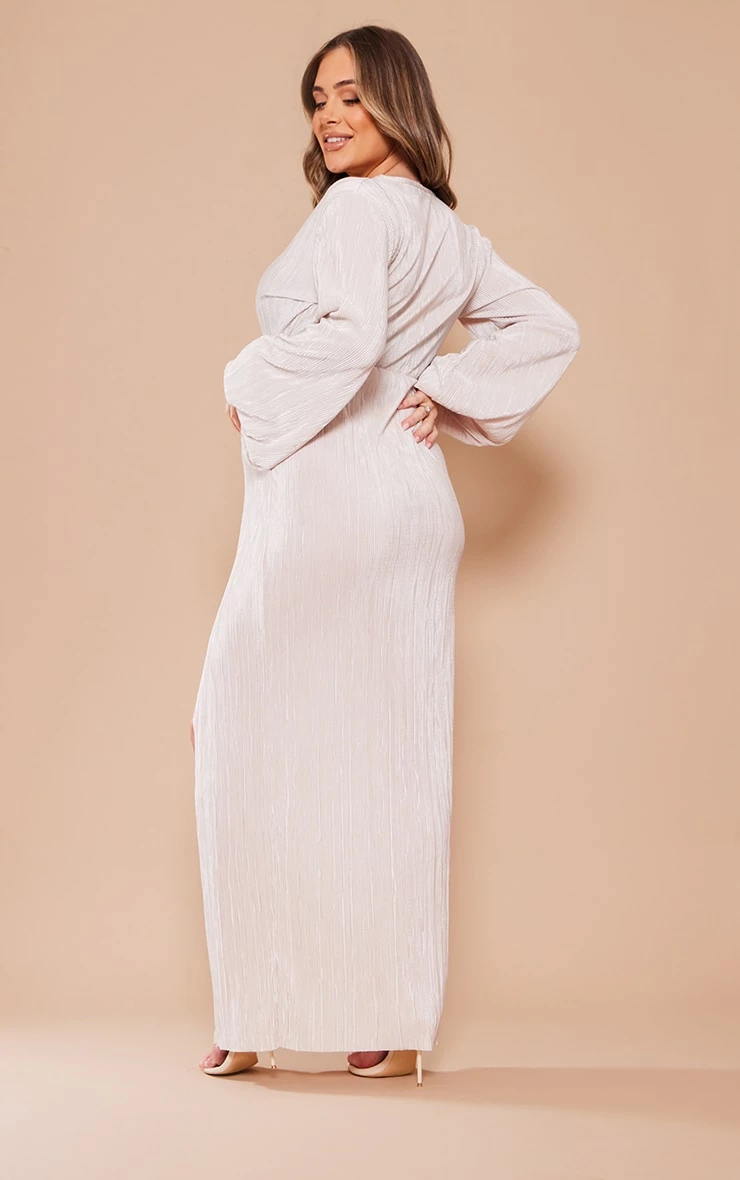 Maternity Champagne Plisse Maxi Dress With Split 4 Maternity Champagne Plisse Maxi Dress With Split - Image 2