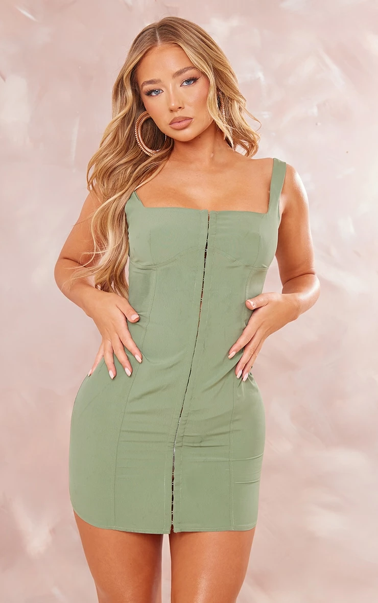 Khaki Chiffon Hook & Eye Binding Detail Bodycon Dress 3 Khaki Chiffon Hook & Eye Binding Detail Bodycon Dress