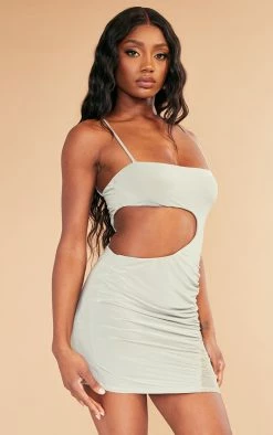 Moss Sand Slinky Cut Out Mesh Insert Ruched Bodycon Dress