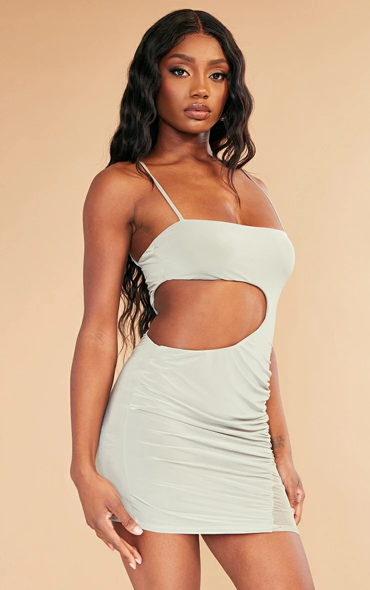 Moss Sand Slinky Cut Out Mesh Insert Ruched Bodycon Dress 3 Moss Sand Slinky Cut Out Mesh Insert Ruched Bodycon Dress