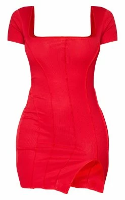 Shape Red Rib Square Neck Split Front Bodycon Dress -US Dresses Sales Store b17b12d233146808d9e4c0954acb9eb81eea613e cms9751 6