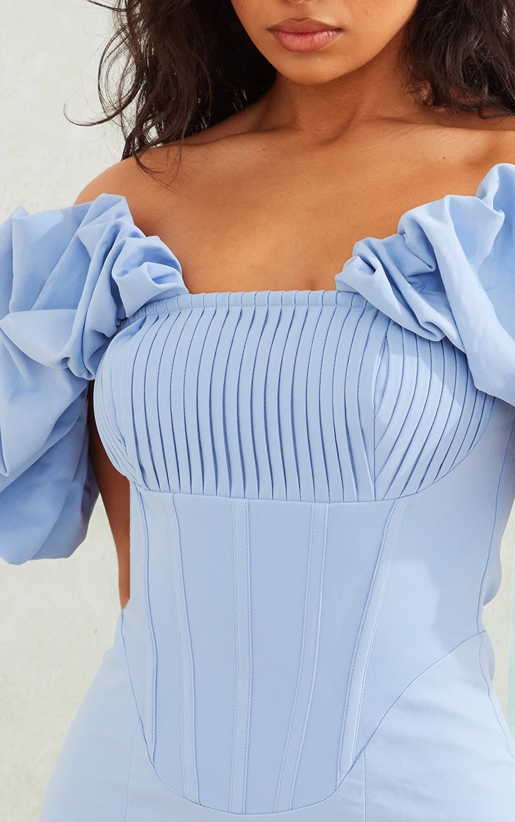 Light Blue Pleated Corset Detail Puff Sleeve Bodycon Dress 6 Light Blue Pleated Corset Detail Puff Sleeve Bodycon Dress - Image 4