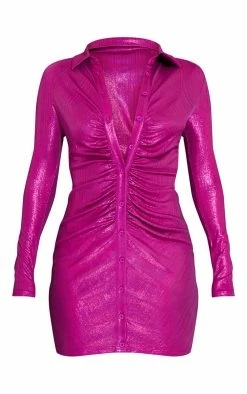 Hot Pink Metallic Long Sleeve Ruched Shirt Dress -US Dresses Sales Store b2220690e520e524701dbb8a765fd57128b5a388 cmu6251 6