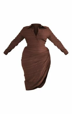 Plus Chocolate Textured Ruched Side Midi Shirt Dress -US Dresses Sales Store b337e2152fcf2dd95722835488d864ddf7e194e6 cnc5211 5