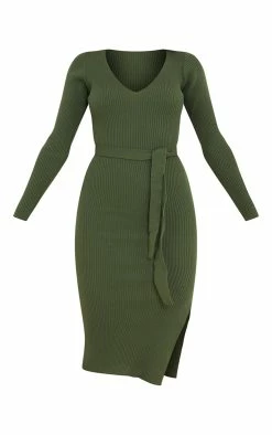 Khaki V Neck Belted Long Sleeve Split Midi Dress -US Dresses Sales Store b38e30b0a29877bd940c085ea09d1c58408b6f8c cmp8731 6