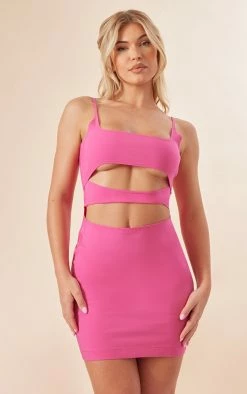 Pink Stretch Woven Strappy Cut Out Bodycon Dress
