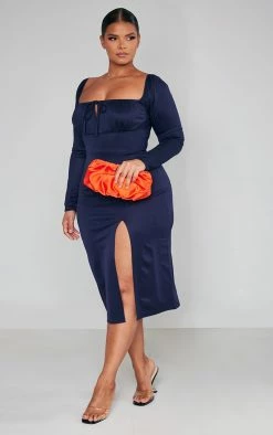 Plus Navy Puff Sleeve Tie Front Midi Dress -US Dresses Sales Store b53d321dd10f0566e97f4d773666bdbfa11cccab cnc2192 3