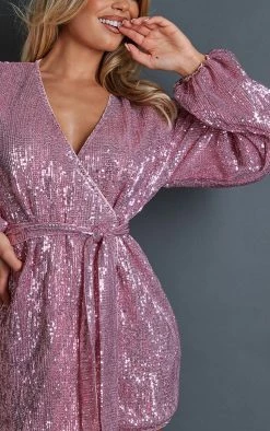 Pink Sequin Wrap Balloon Sleeve Shift Dress -US Dresses Sales Store b586ae5186a5f38900b7023ef19456a228c75ec6 cnb8719 4