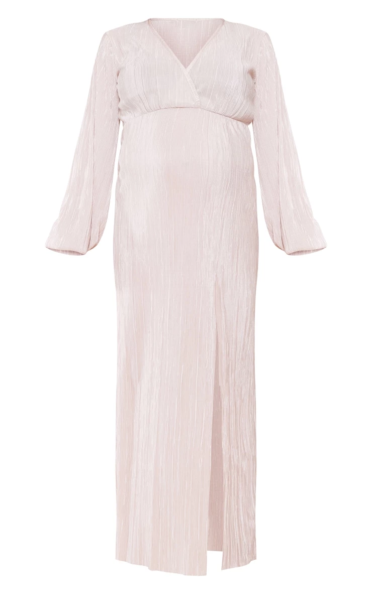 Maternity Champagne Plisse Maxi Dress With Split 7 Maternity Champagne Plisse Maxi Dress With Split - Image 5