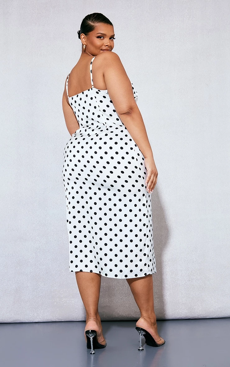 Plus White Polka Dot Ruched Bust Side Split Midi Dress 4 Plus White Polka Dot Ruched Bust Side Split Midi Dress - Image 2