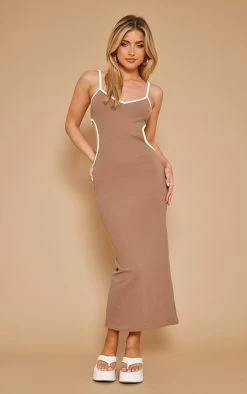 Taupe Textured Ribbed Contrast Binding Cut Out Maxi Dress
