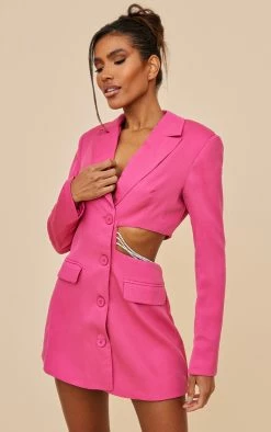 Hot Pink Side Cut Out Diamante Strap Detail Blazer Dress