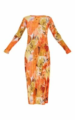 Tall Orange Floral Print Plisse Long Sleeve Split Detail Midi Dress -US Dresses Sales Store b7c6a11e7c4d8a5aa57f150d4e9976630a82949d cne4926 5