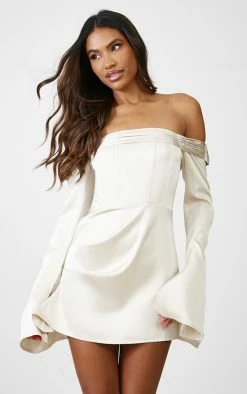 Champagne Satin Pleat Detail Bardot Flared Sleeve Shift Dress -US Dresses Sales Store b861458b5f47dd7274c6b8e3b7fe1b37cc4b031d cnc6160 3