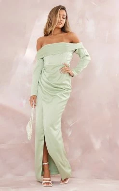 BRIDAL Sage Green Long Sleeve Bardot Split Maxi Dress
