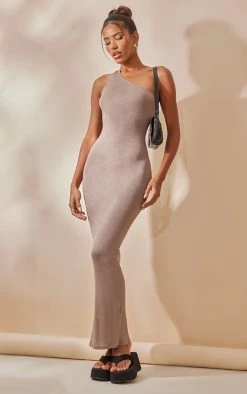 Camel One Shoulder Sleeveless Maxi Dress