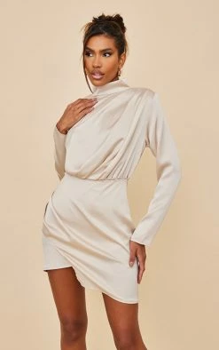 Champagne Satin Shoulder Pad Long Sleeve Bodycon Dress