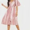 Mairee Dusty Pink Satin Pleated Midi Dress