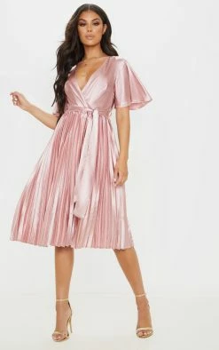 Mairee Dusty Pink Satin Pleated Midi Dress
