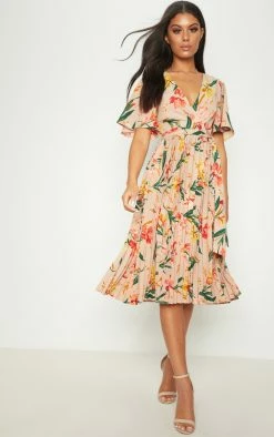 Pink Pleated Floral Midi Dress -US Dresses Sales Store bdcc8d63a538cbcea95a8a318593355734e02573 CLW7880 4