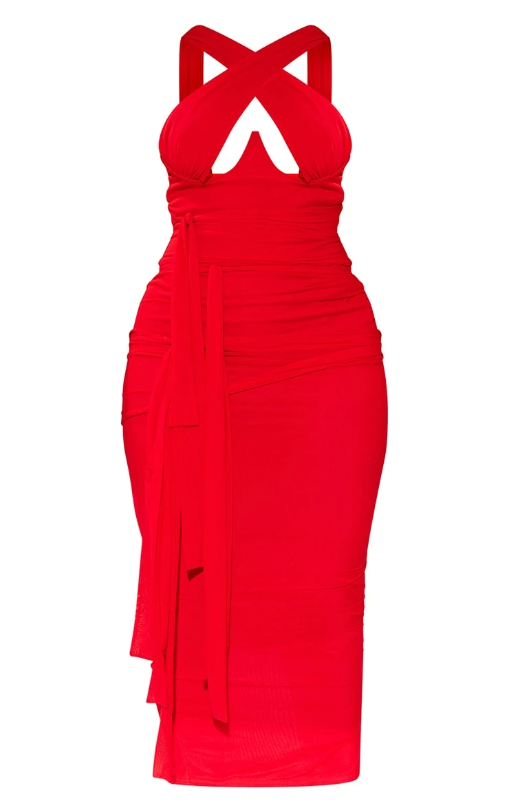 Shape Red Mesh Wrap Neck Tie Detail Midaxi Dress 7 Shape Red Mesh Wrap Neck Tie Detail Midaxi Dress - Image 5