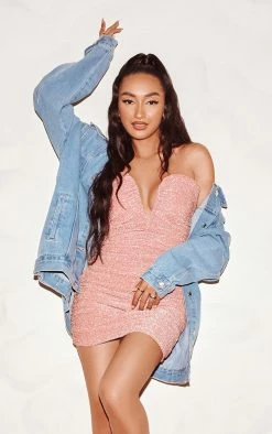 Pink Glitter Bandeau V Bar Ruched Bodycon Dress