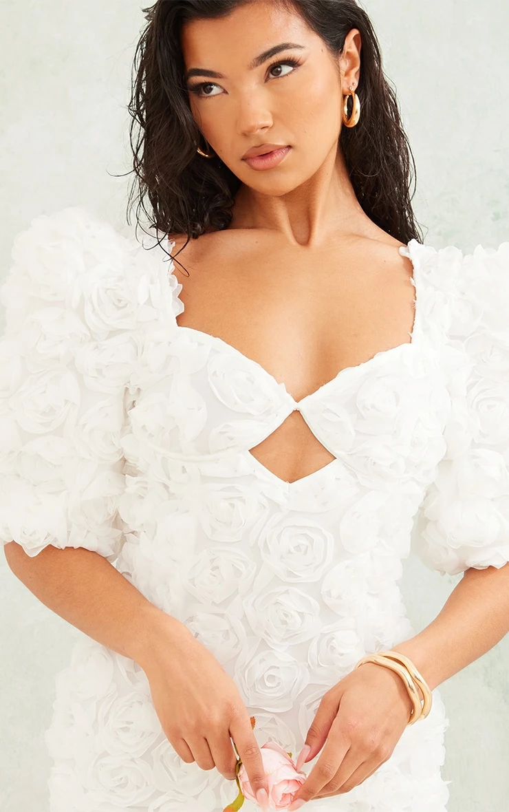 White Rose Applique Puff Sleeve Cup Detail Bodycon Dress 6 White Rose Applique Puff Sleeve Cup Detail Bodycon Dress - Image 4