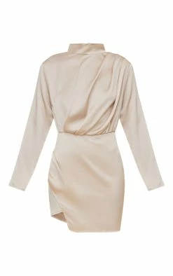 Champagne Satin Shoulder Pad Long Sleeve Bodycon Dress -US Dresses Sales Store bf44cb9e9a8102019e0caf6d95e3c2d9e5d75c43 cnc5937 5