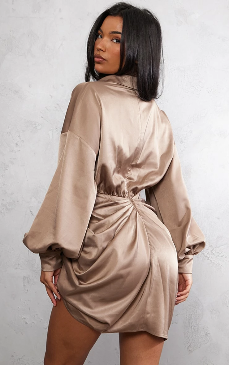 Taupe Satin Drape Skirt Oversized Sleeve Shirt Dress 4 Taupe Satin Drape Skirt Oversized Sleeve Shirt Dress - Image 2