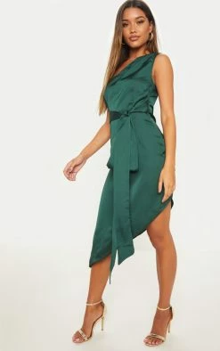 Emerald Green Satin One Shoulder Tie Waist Asymmetric Hem Midi Dress -US Dresses Sales Store c05d6747898790514b1c038185e1cebc376de3d5 clz4696 4