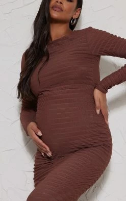 Maternity Chocolate Shirred Long Sleeve Midi Dress -US Dresses Sales Store c09e37a6439d3f7599706d5e775ecb4357df3a76 cnd0102 4
