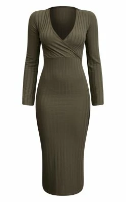 Khaki Rib Wrap Midi Dress With Flared Cuff -US Dresses Sales Store c193956222cc10c63c4c45fc1622f5dffba38c66 cnc1137 5