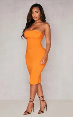 Shape Orange Stretch Woven Panel Detail Midi Dress