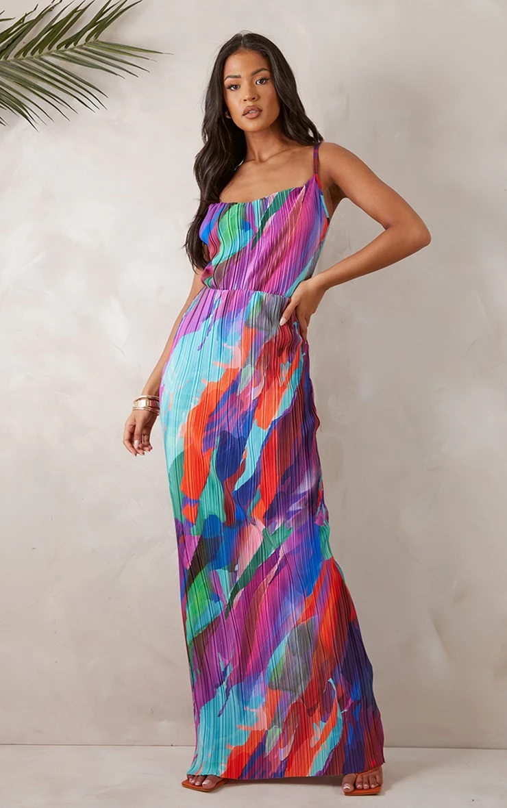 Tall Multi Abstract Print Plisse Strappy Maxi Dress 5 Tall Multi Abstract Print Plisse Strappy Maxi Dress - Image 3