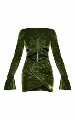 Olive Velvet Twisted Cut Out Detail Ruched Sleeve Bodycon Dress -US Dresses Sales Store c491ea47a327d2adc903aa1eb12e9970c973e1e3 cmu4051 6