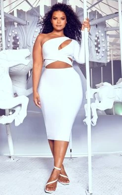 Plus White Cut Out One Shoulder Midi Dress