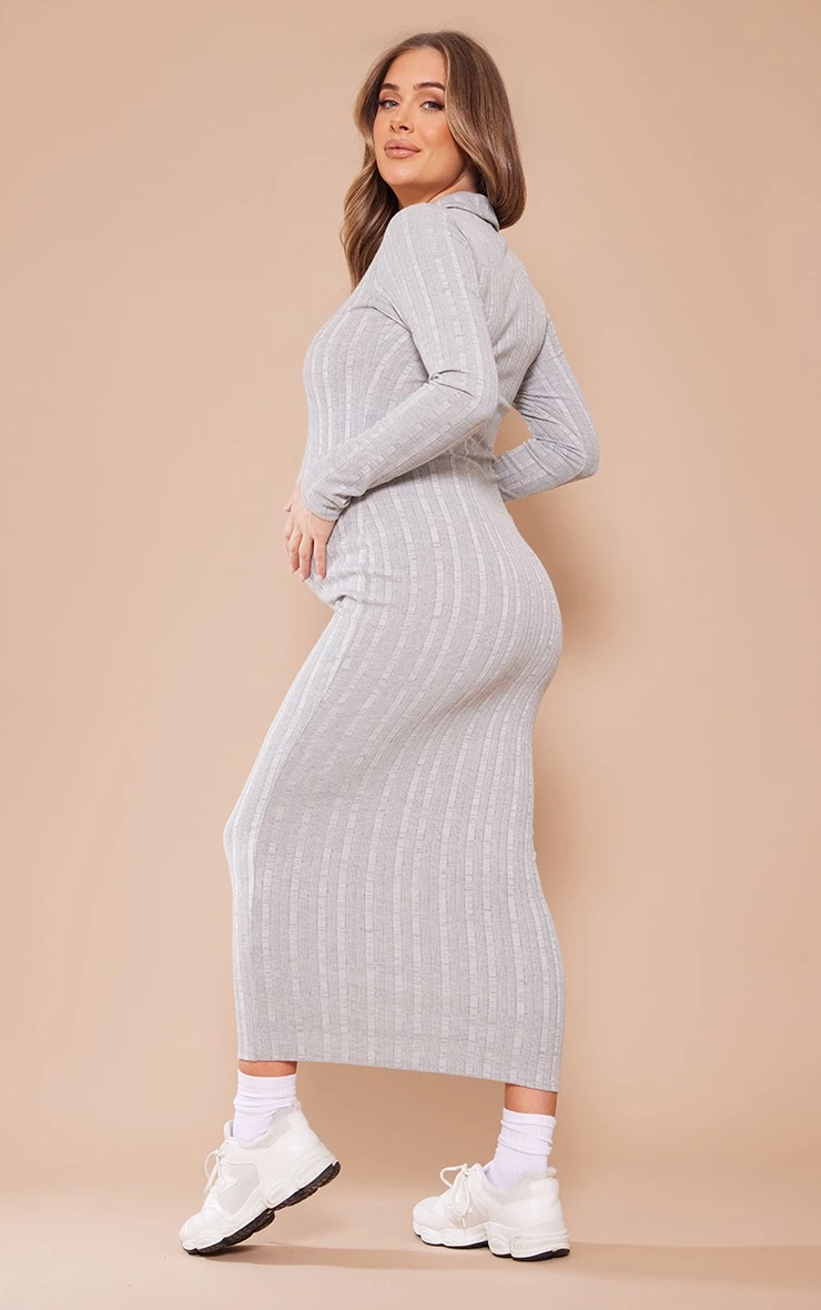 Maternity Light Grey Ribbed Polo Neck Maxi Dress 4 Maternity Light Grey Ribbed Polo Neck Maxi Dress - Image 2