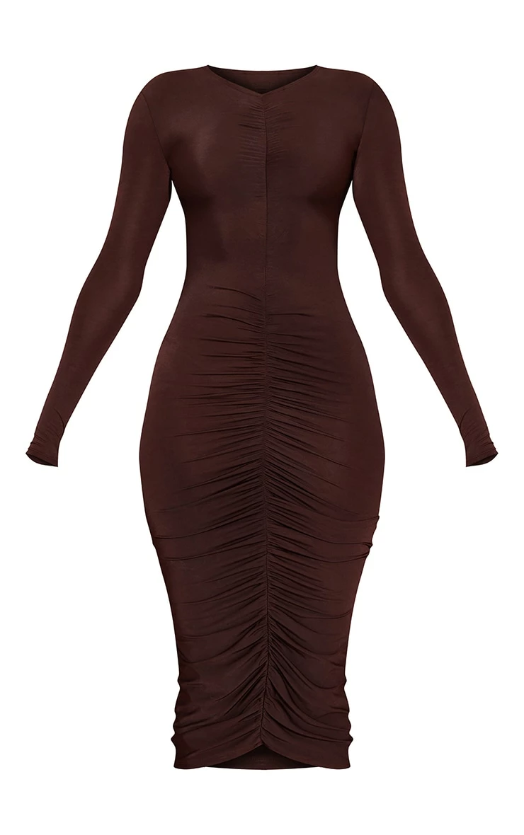Chocolate Ruched Centre Long Sleeve Slinky Midaxi Dress 7 Chocolate Ruched Centre Long Sleeve Slinky Midaxi Dress - Image 5