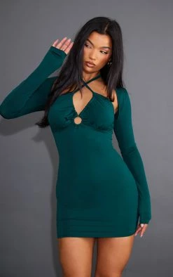Emerald Green Slinky Trim Detail Long Sleeve Bodycon Dress