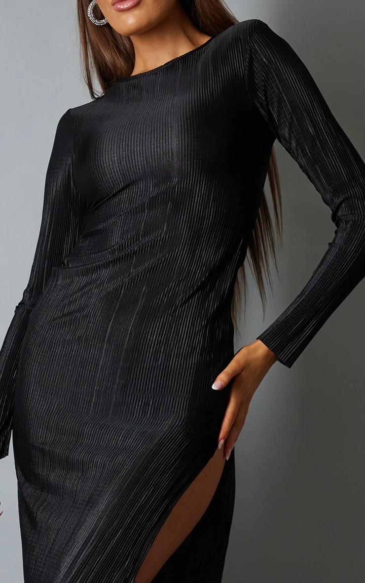 Black Plisse Long Sleeve Split Detail Midi Dress 6 Black Plisse Long Sleeve Split Detail Midi Dress - Image 4