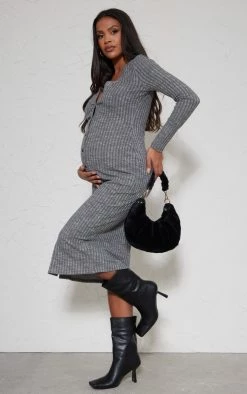 Maternity Dark Grey Fitted Soft Rib Midi Longsleeve Dress -US Dresses Sales Store ca1f903e7504ae99f165a4a8cb154310553c91d0 cnb9932 3