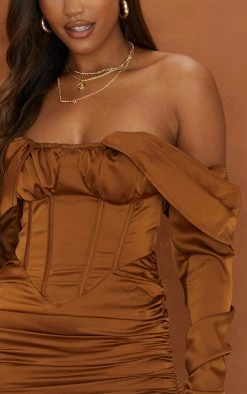 Chocolate Satin Drape Bardot Sleeve Ruched Back Bodycon Dress -US Dresses Sales Store cc0387a28a626e2287ff96dc6563e38db819cee7 cmu4054 5