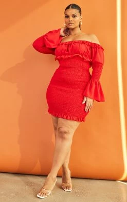 Plus Red Shirred Chiffon Bodycon Dress